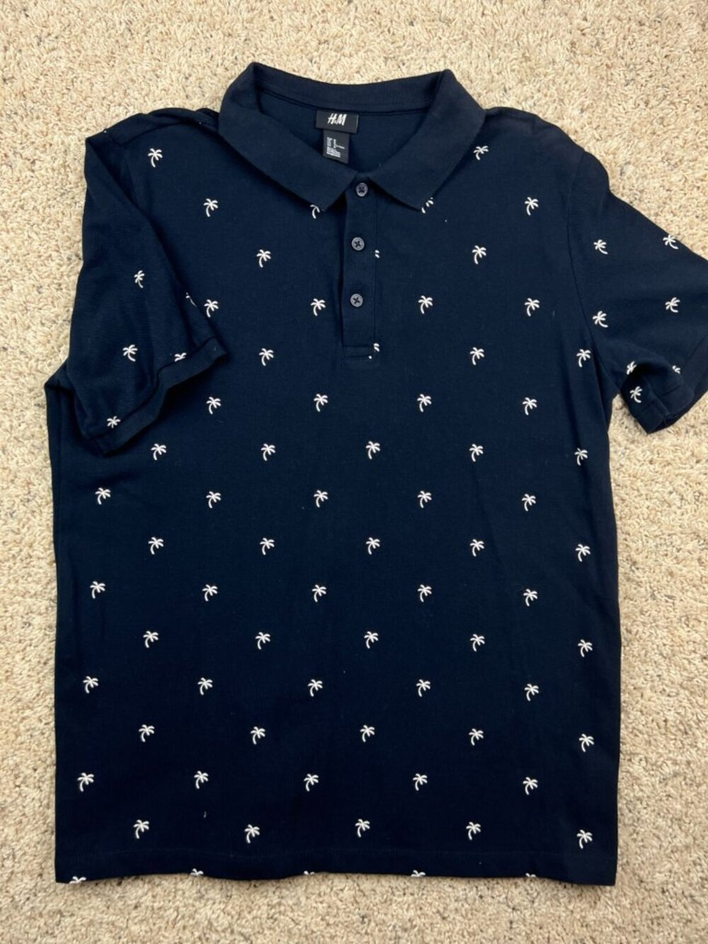 H&M Palm Tree Pattern Polo Shirt Short Sleeve Dark Blue Men's Medium Cotton